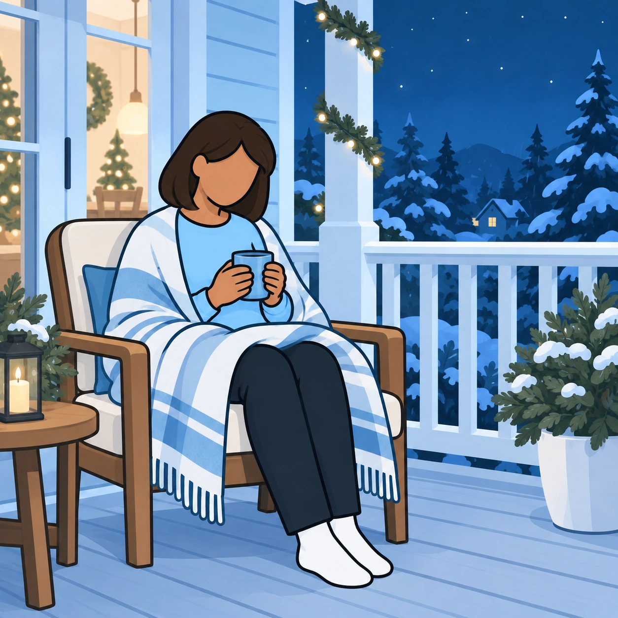 She takes a quiet porch break with a blanket and mug during the holiday gathering.