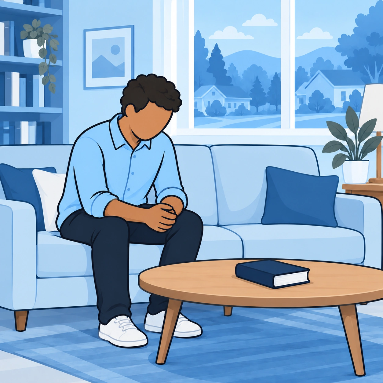 A man sits thoughtfully on a sofa beside a closed book.