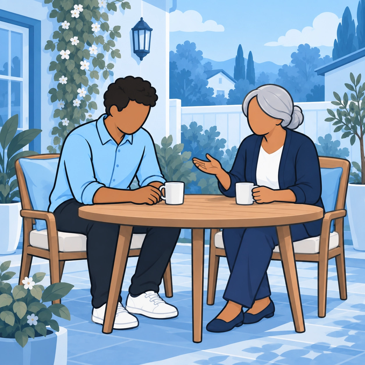 The man talks with an older woman at an outdoor table.
