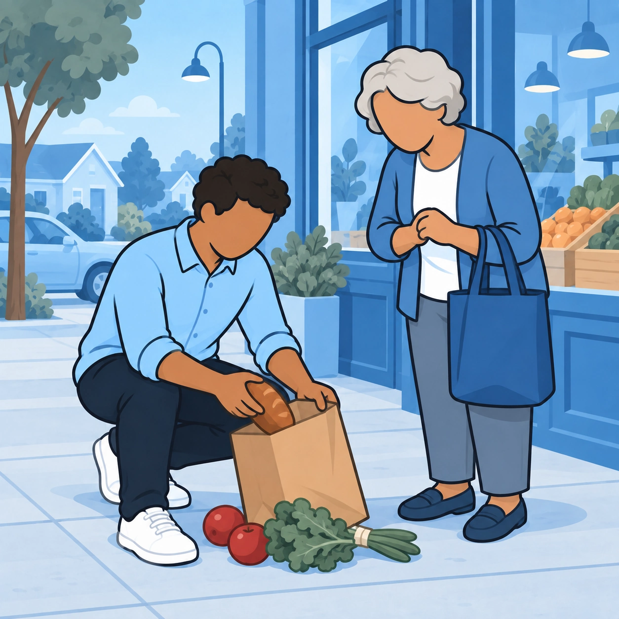 The man helps an older shopper pick up spilled groceries.