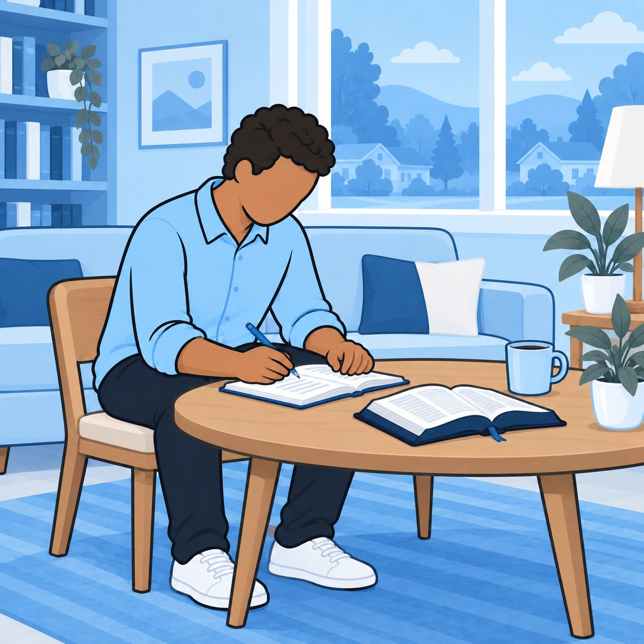 The man writes a reflection at his living-room table.