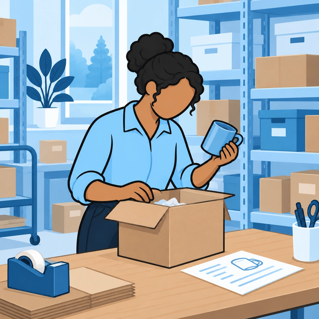 A woman checks an item in an open box in a stockroom.