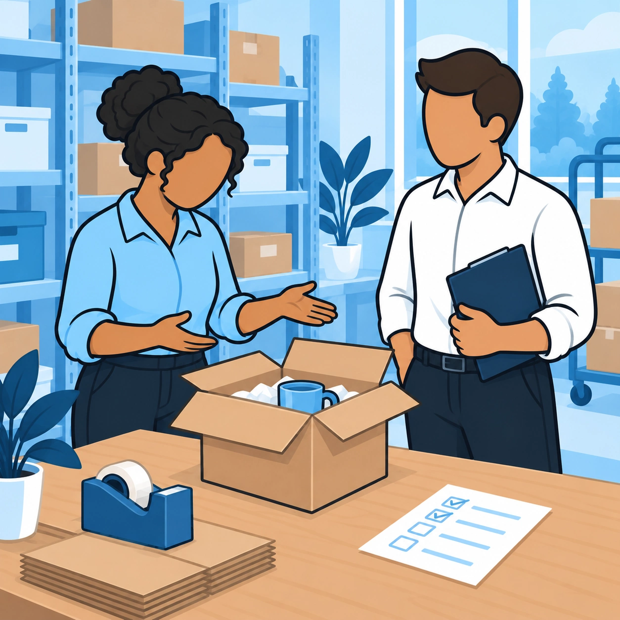 She explains a packing mistake to a coworker.