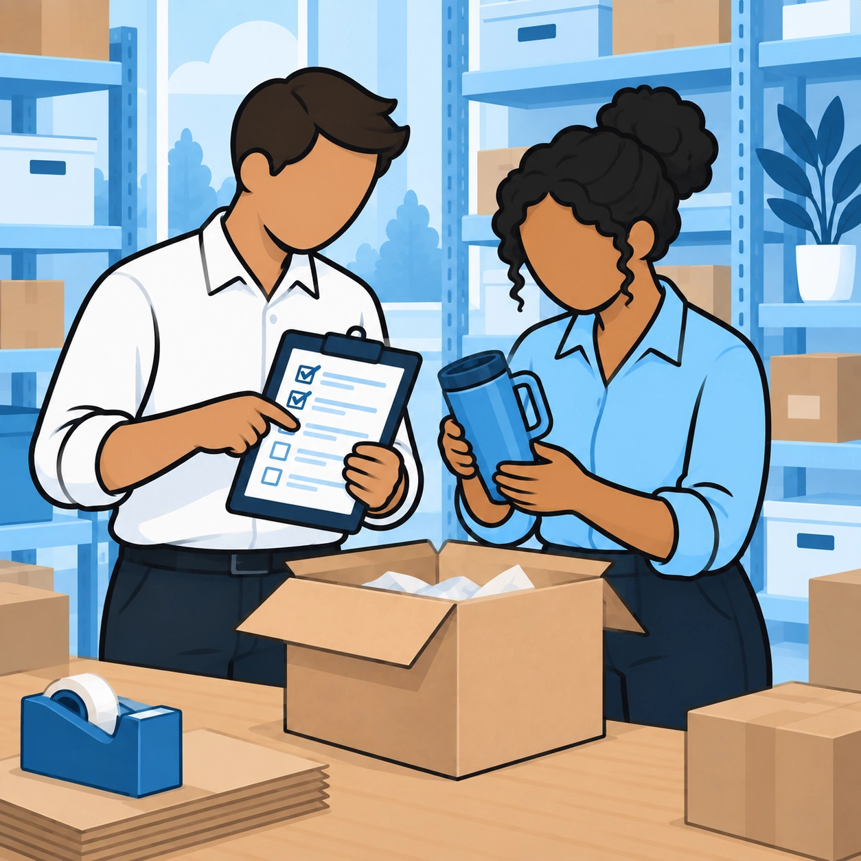 She checks the correct item against a colleague's clipboard.