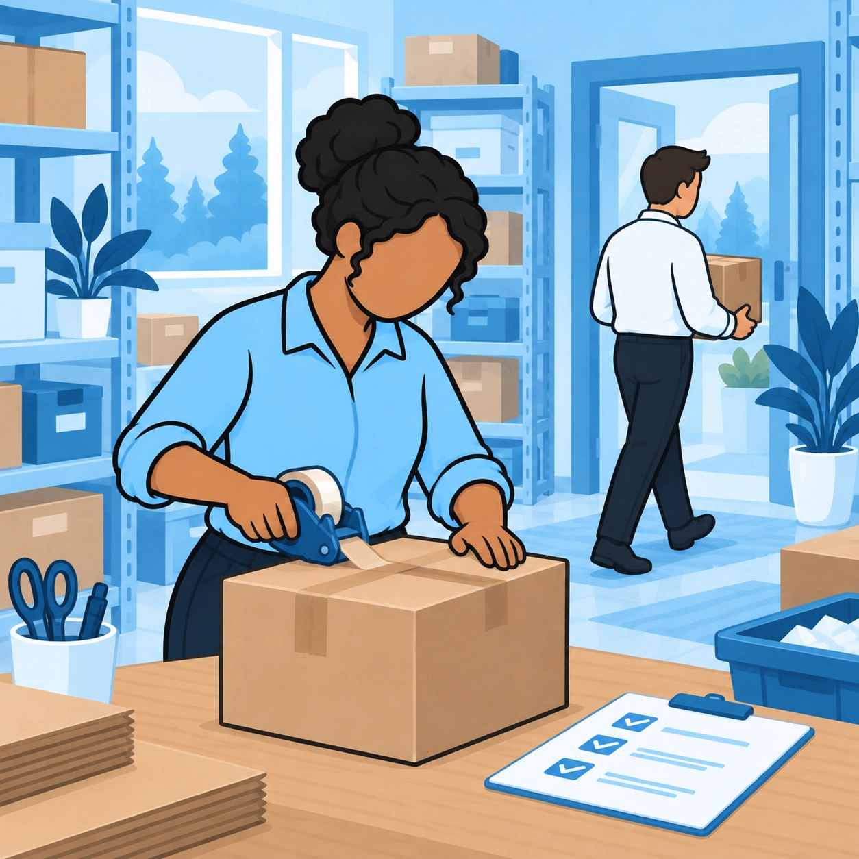She seals a corrected box while another worker carries a package away.