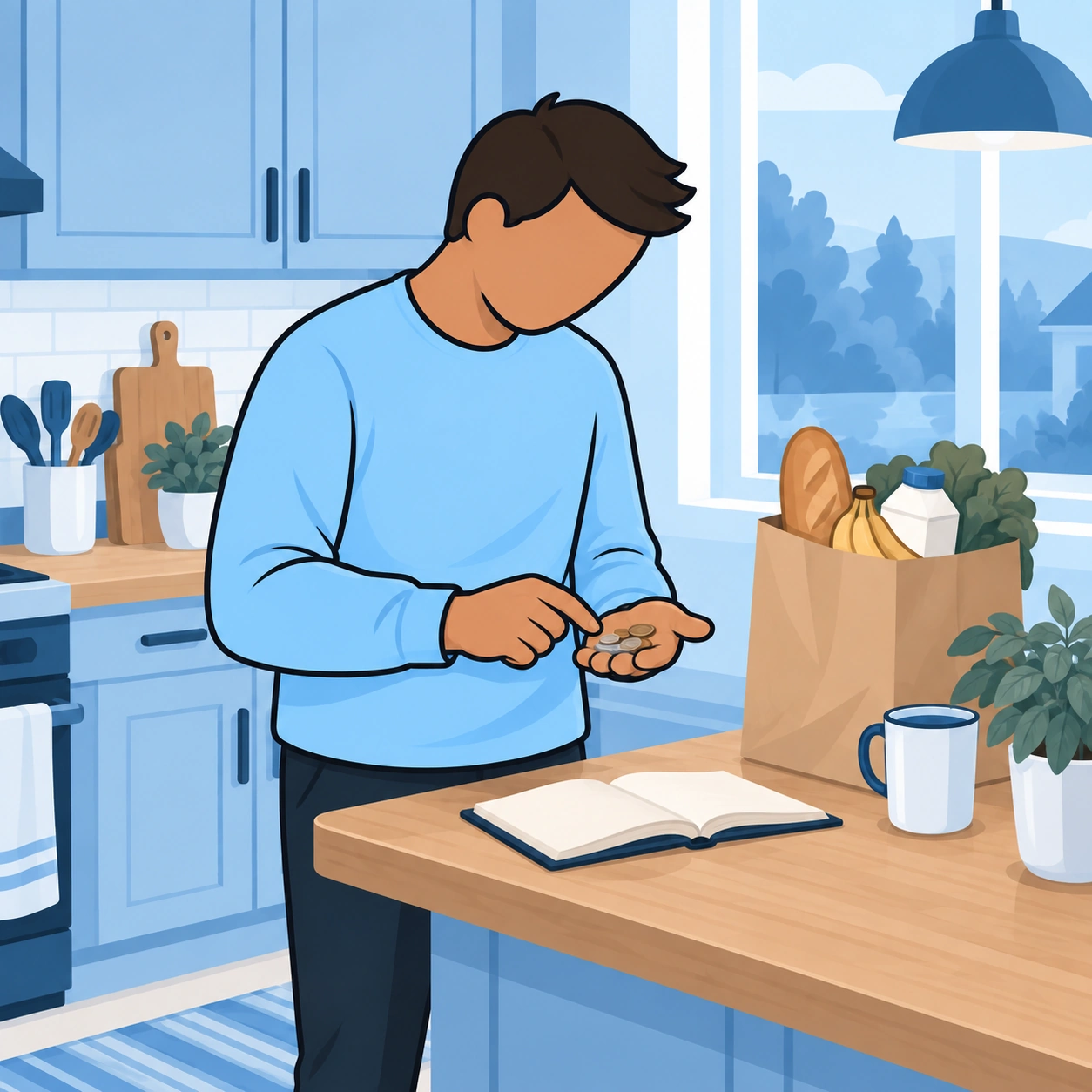 A man considers a few coins beside basic groceries on his kitchen counter.