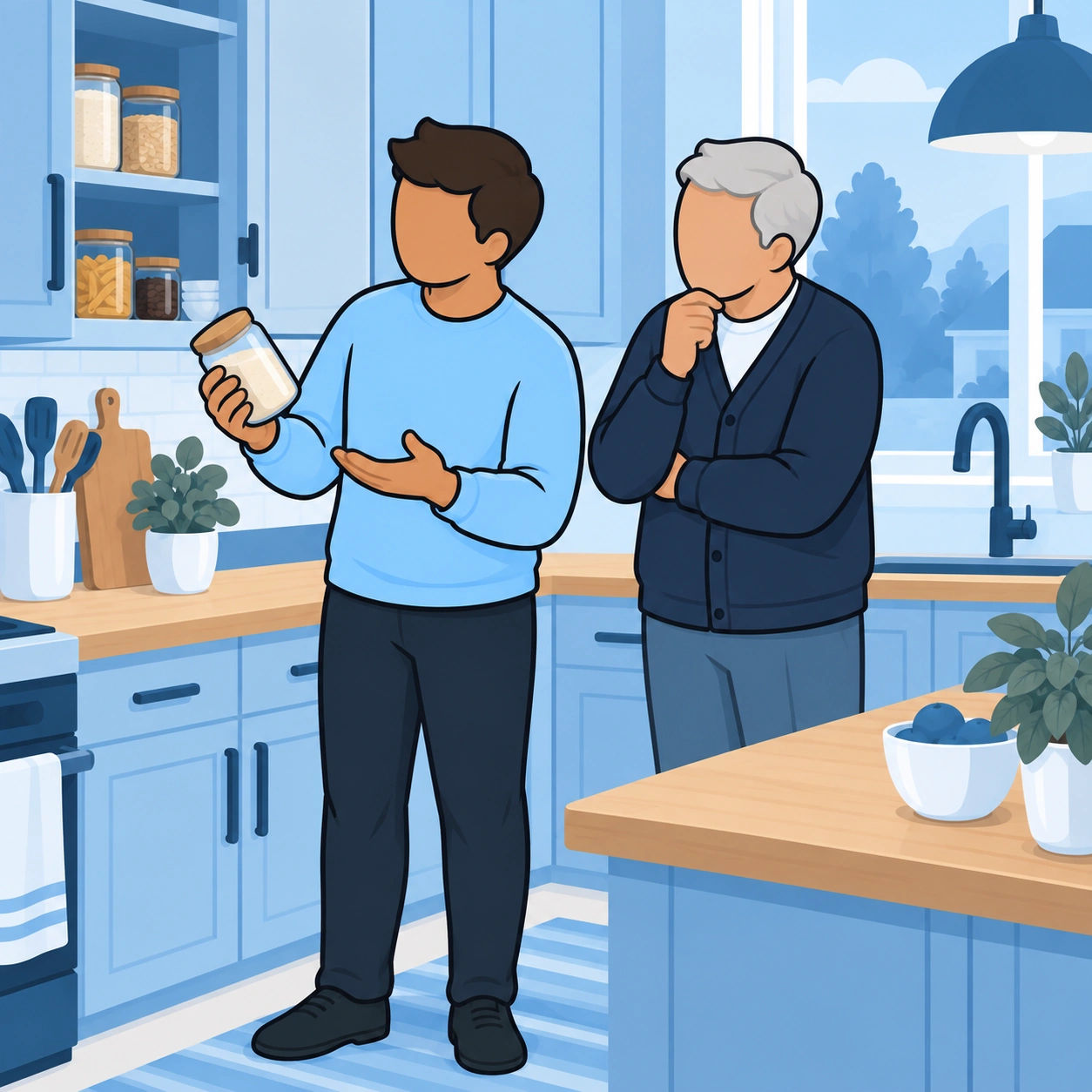 The man and an older neighbor consider the ingredients available in a cupboard.