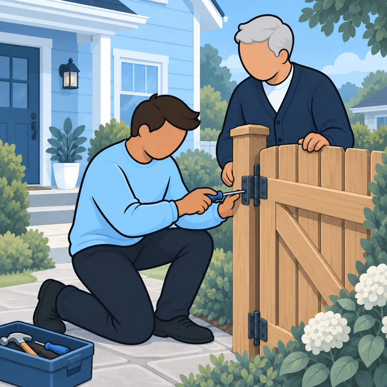 The man offers his skills by repairing a hinge on his neighbor's garden gate.