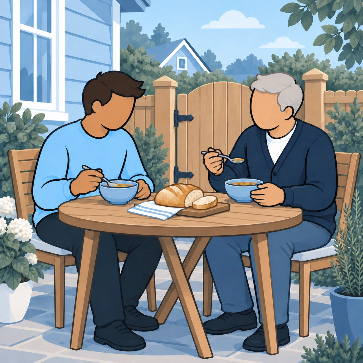 The two neighbors share a simple meal of soup outdoors.