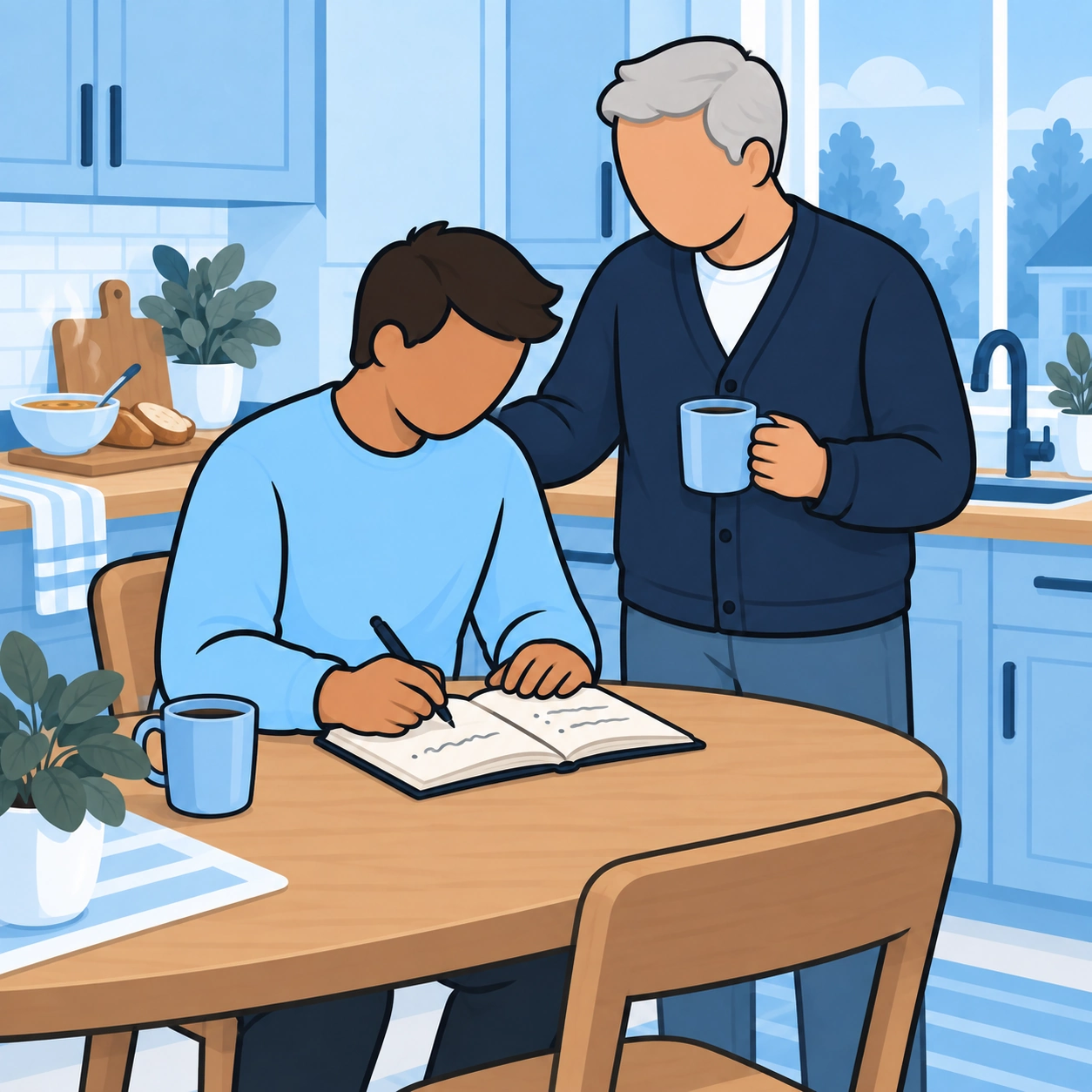 The man writes a practical note while his neighbor offers quiet company.