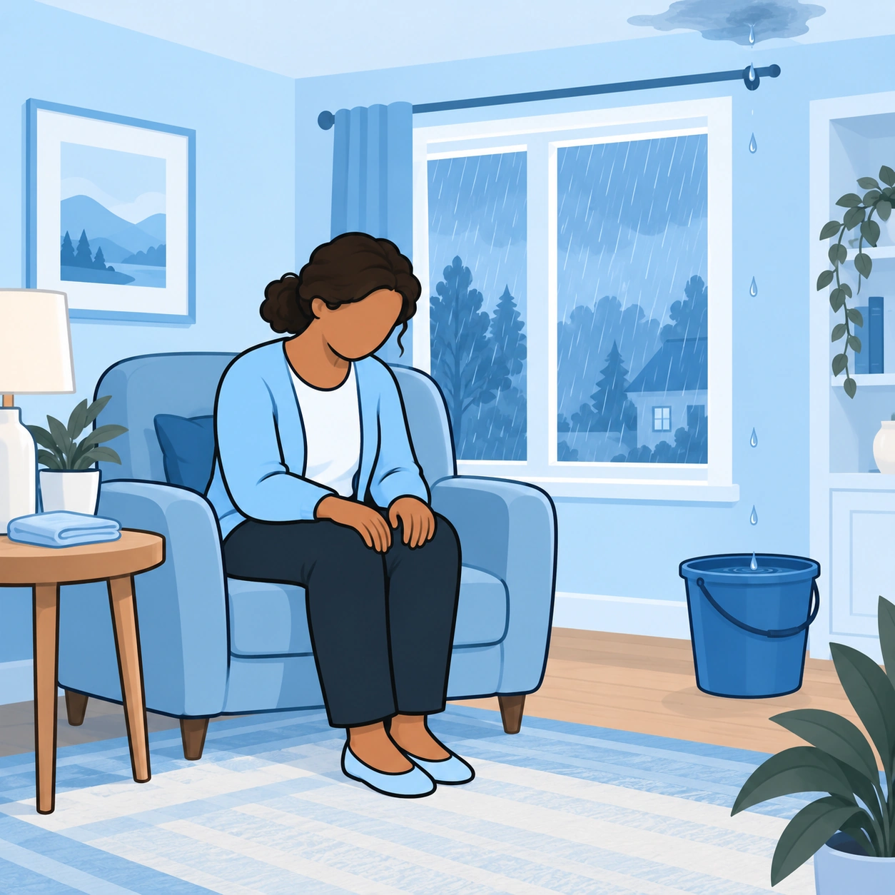 A woman sits beside a window while rain leaks into a bucket.