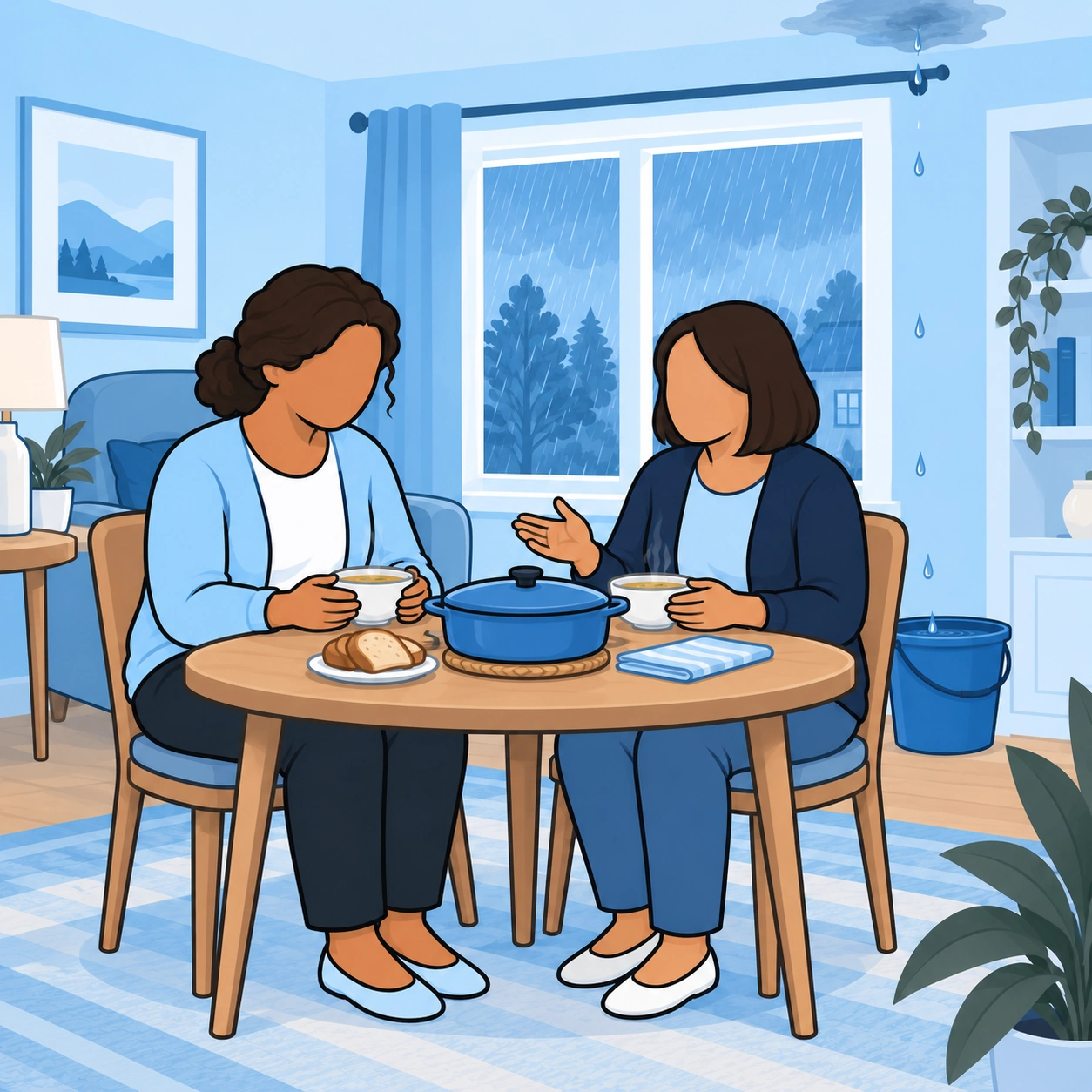 A friend shares a simple meal with the woman.