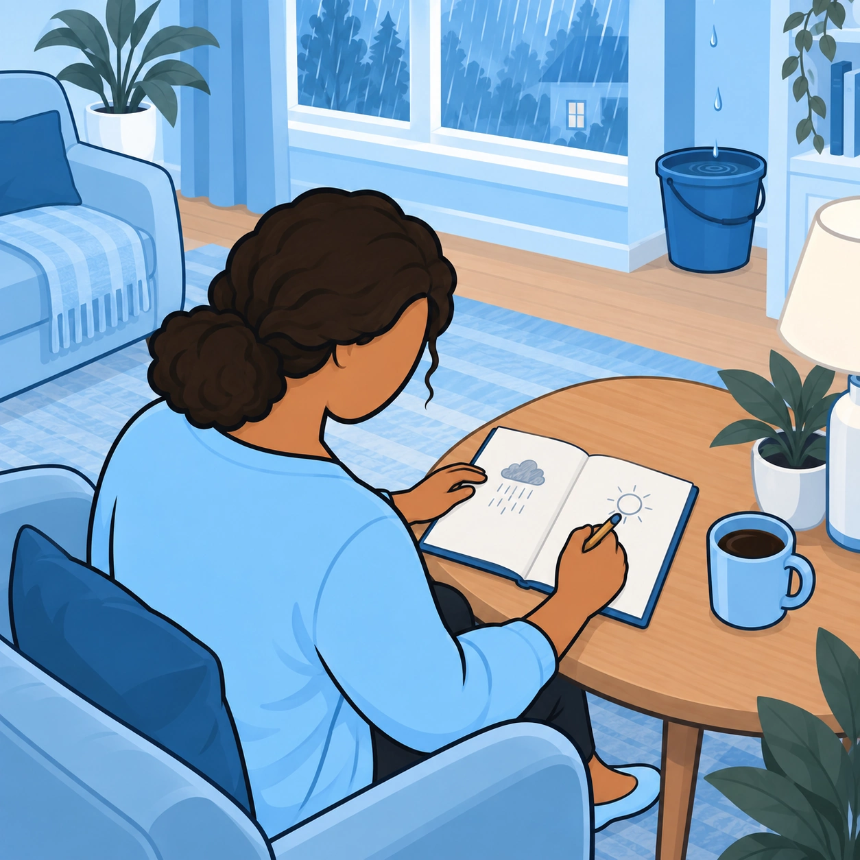 The woman writes in a notebook with rain and sun drawings.