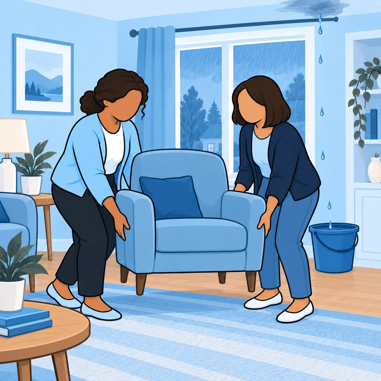 The two women move a chair away from the leak.