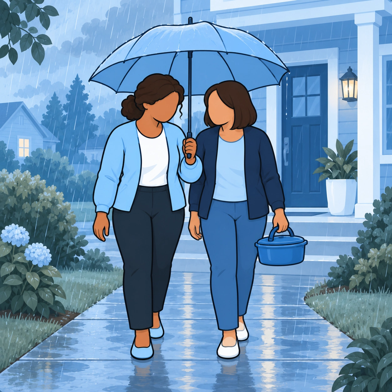 The women share an umbrella outside the house.