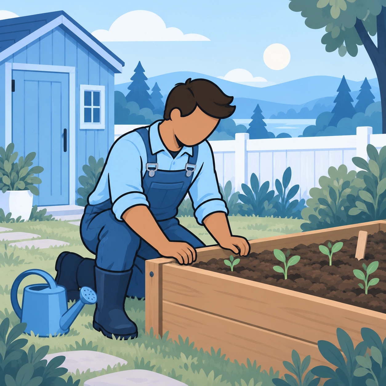 A man studies a small seedling while kneeling beside a raised garden bed.