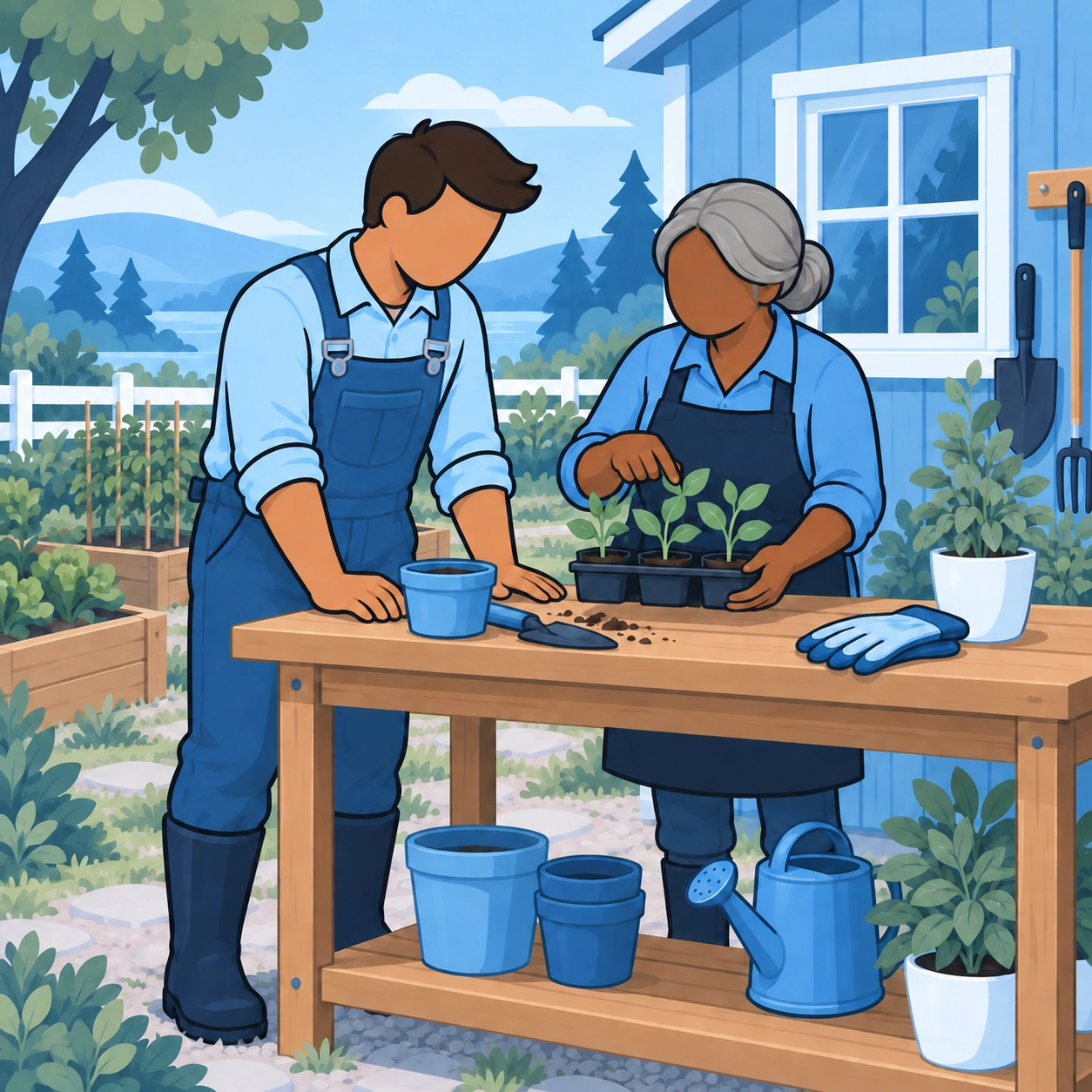 An experienced gardener shows the man a tray of young plants at a potting bench.