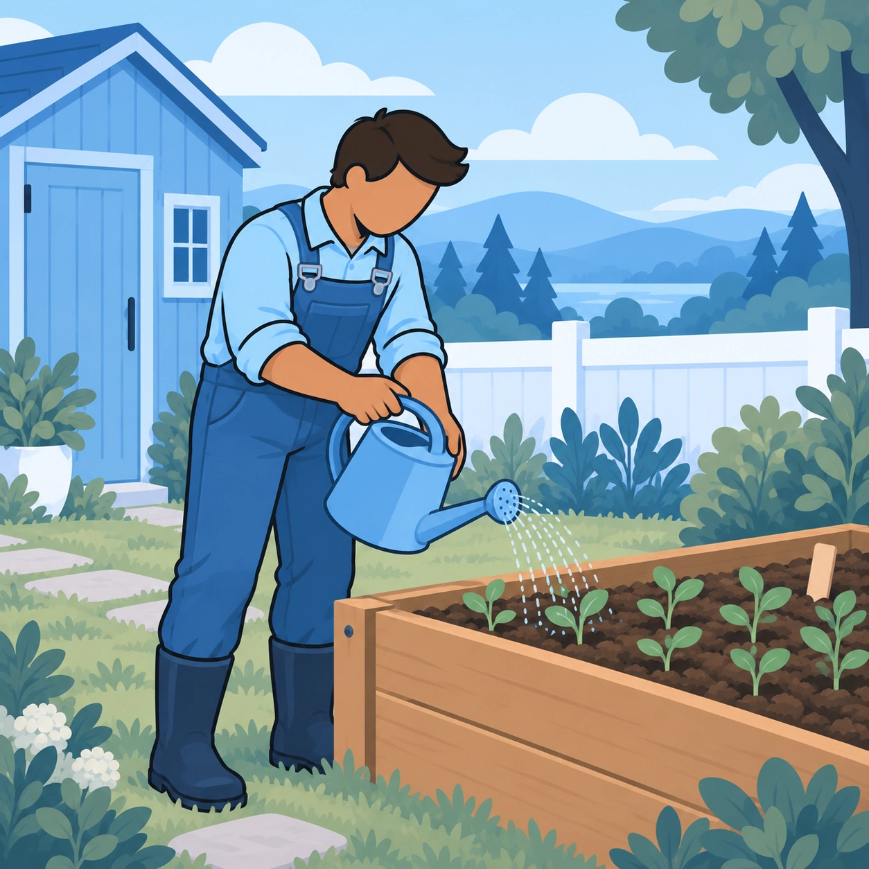The man gently waters young plants in the raised garden bed.