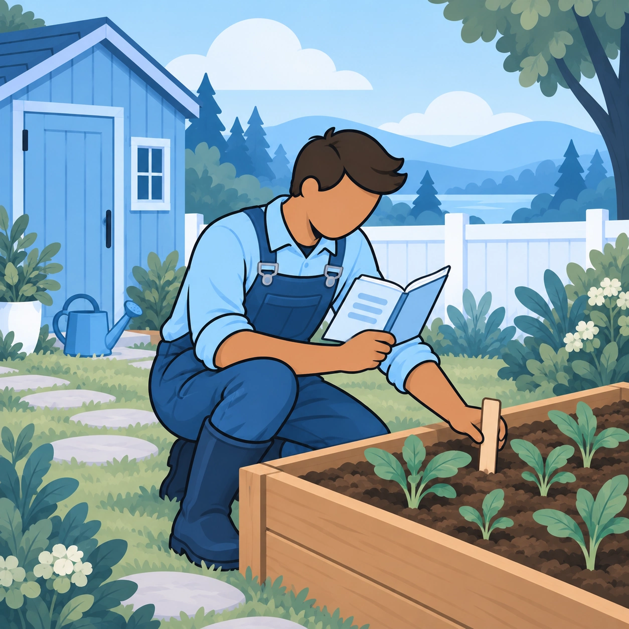 The man checks a plant marker while reviewing observations in an open notebook.