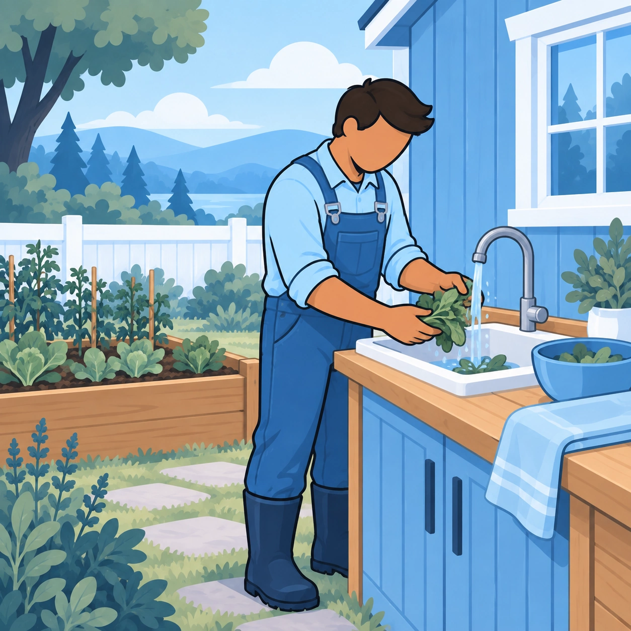 The man rinses a modest harvest of leafy greens at an outdoor garden sink.