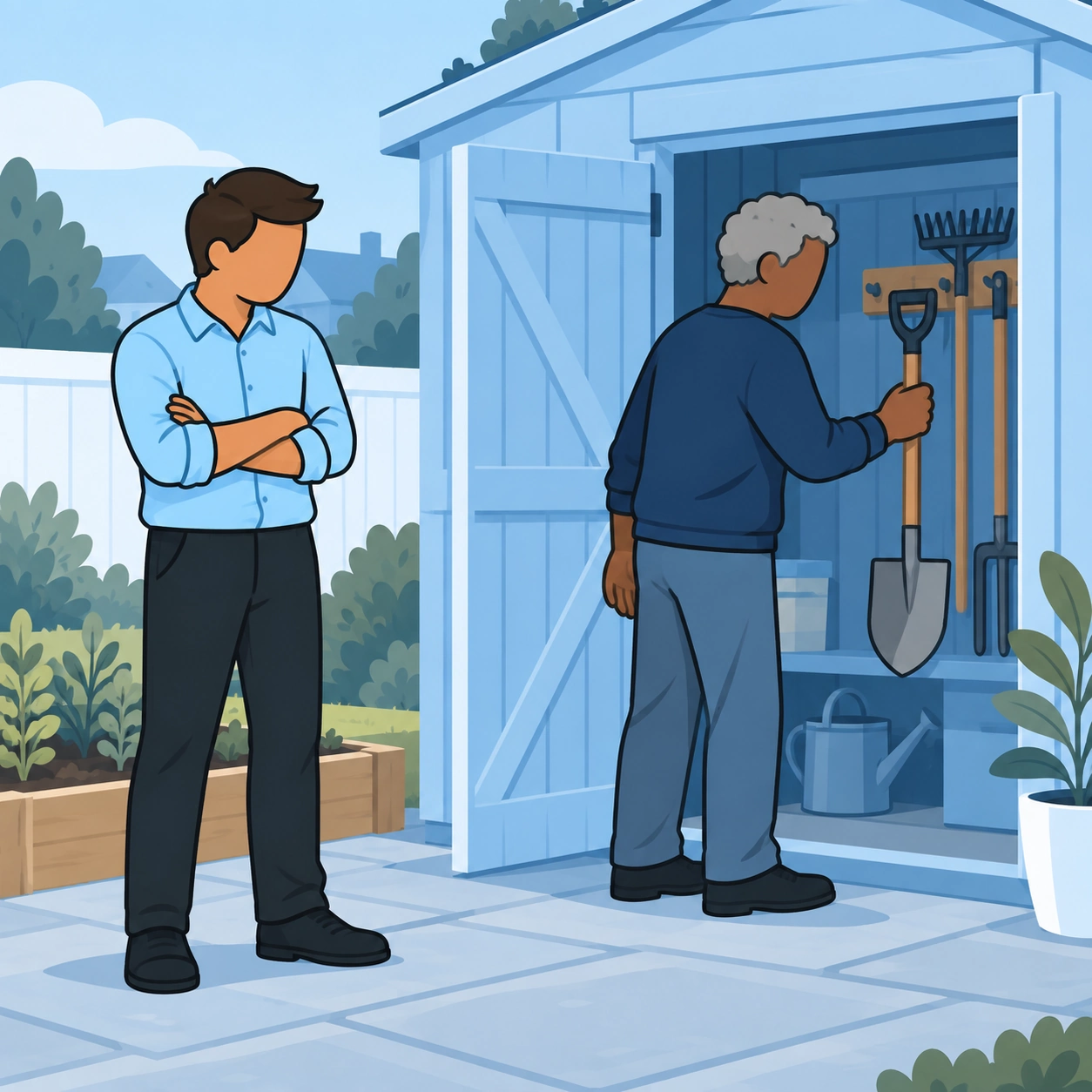 A man watches tensely as his neighbor takes a spade from their shared tool shed.