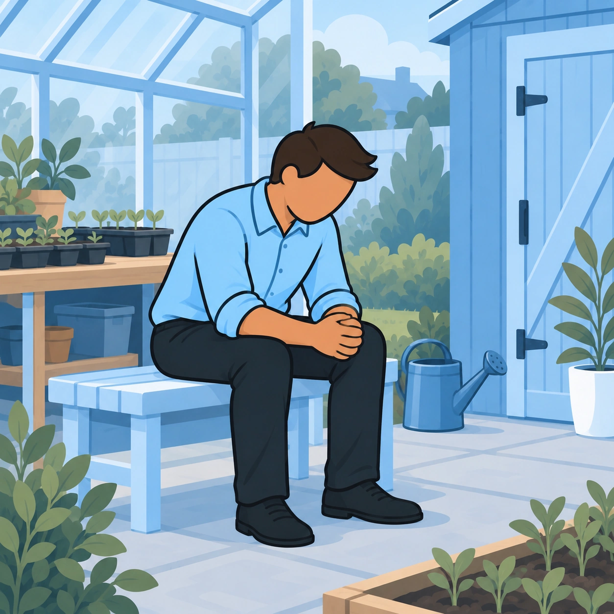 The man pauses alone beside seed trays with his head bowed in prayer.