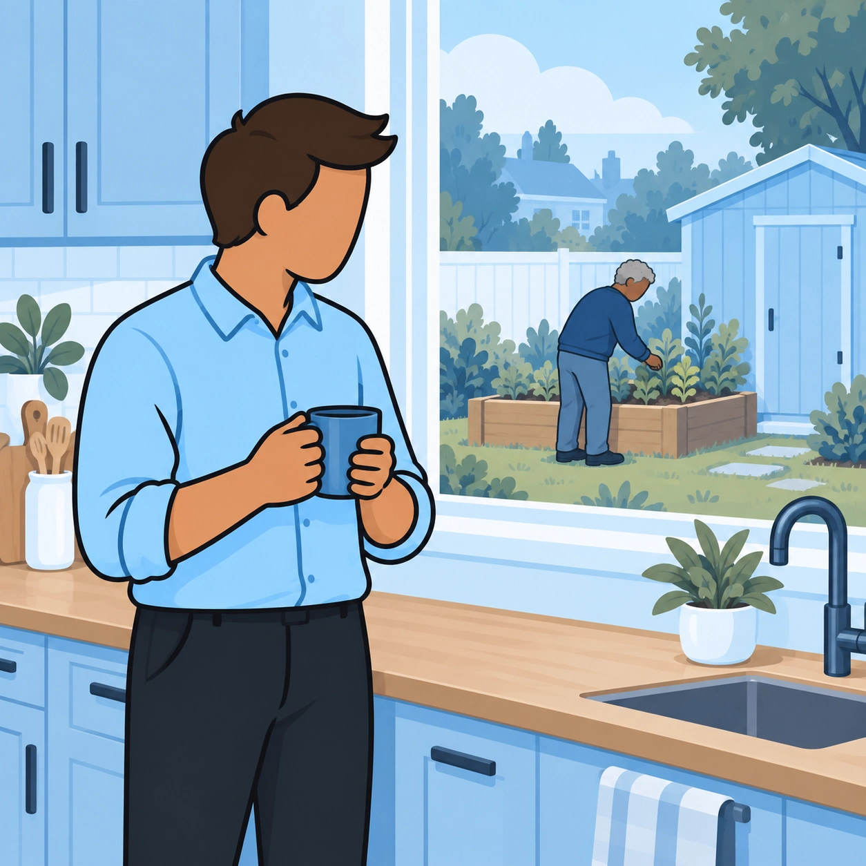 The man reflects at his kitchen window while his neighbor tends a raised bed outside.