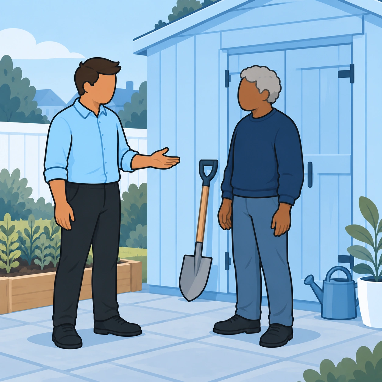The man and his neighbor calmly discuss sharing the garden tools.