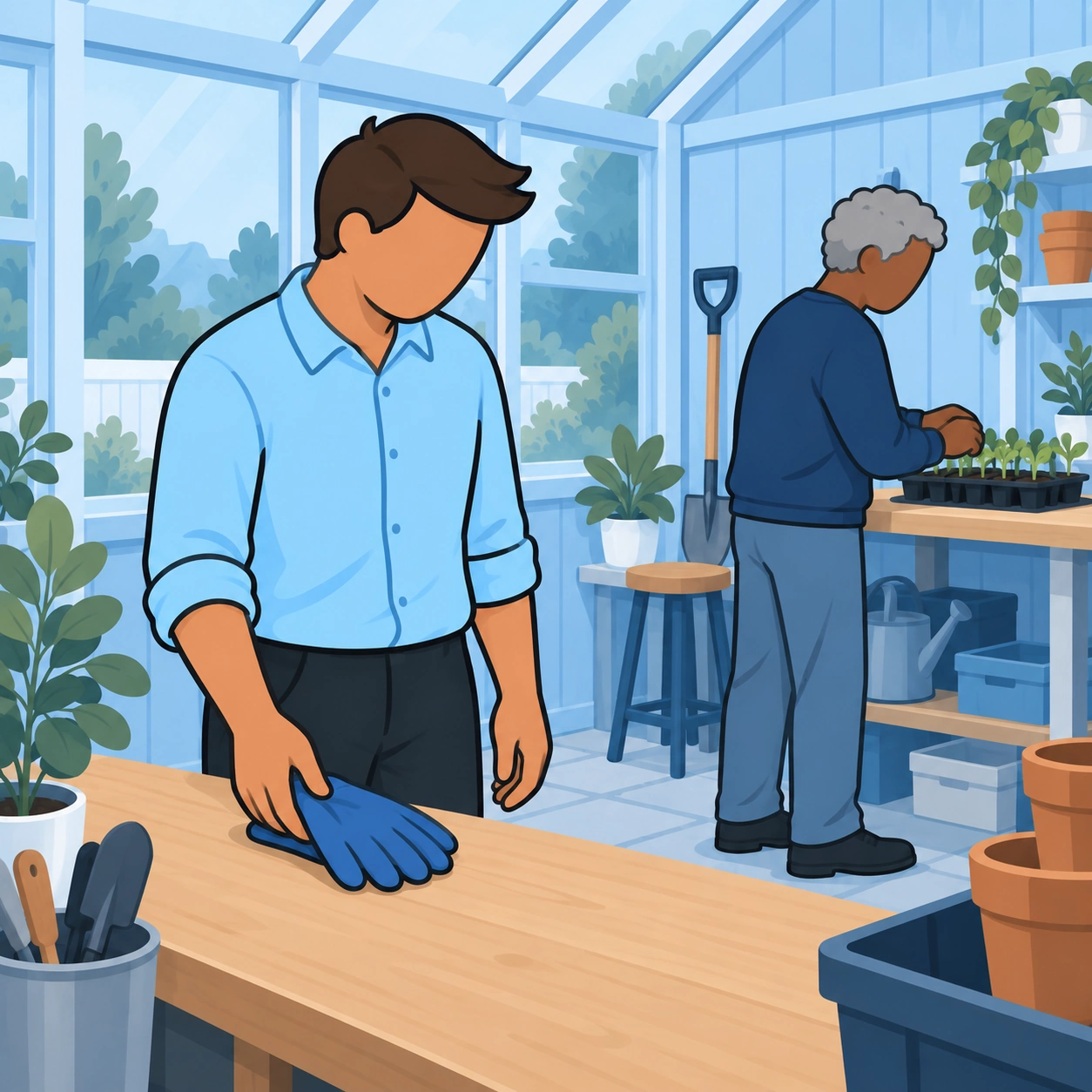 The man leaves gardening gloves on a shared bench while his neighbor tends seedlings.