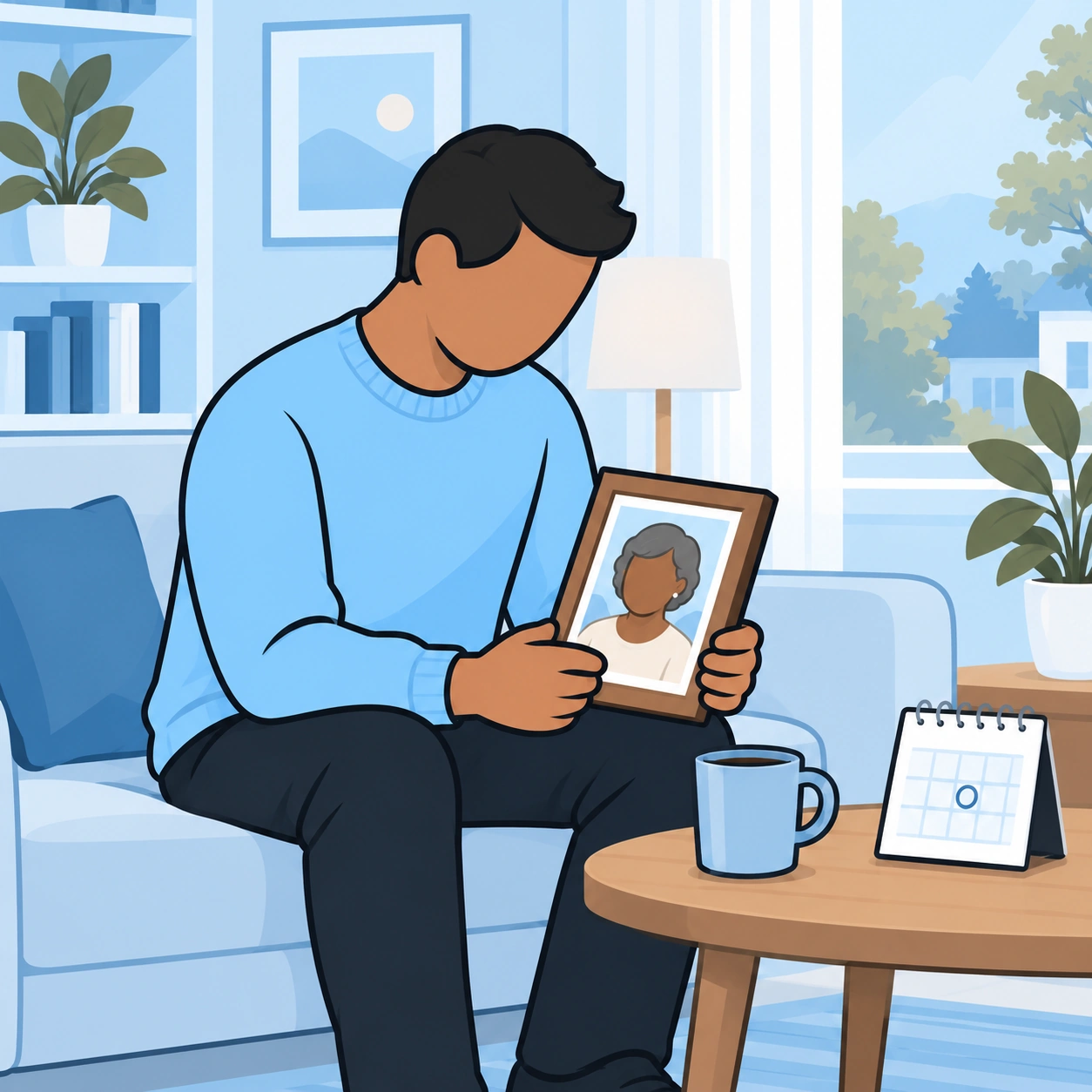 A man holds a photograph of an older woman on the anniversary of his loss.