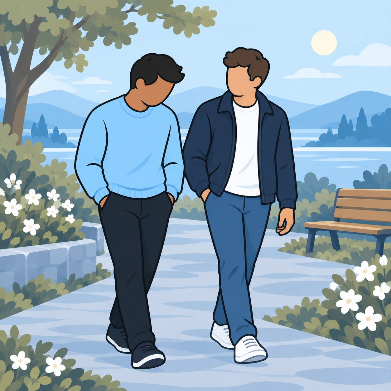 A trusted friend walks quietly beside the man along a garden path.