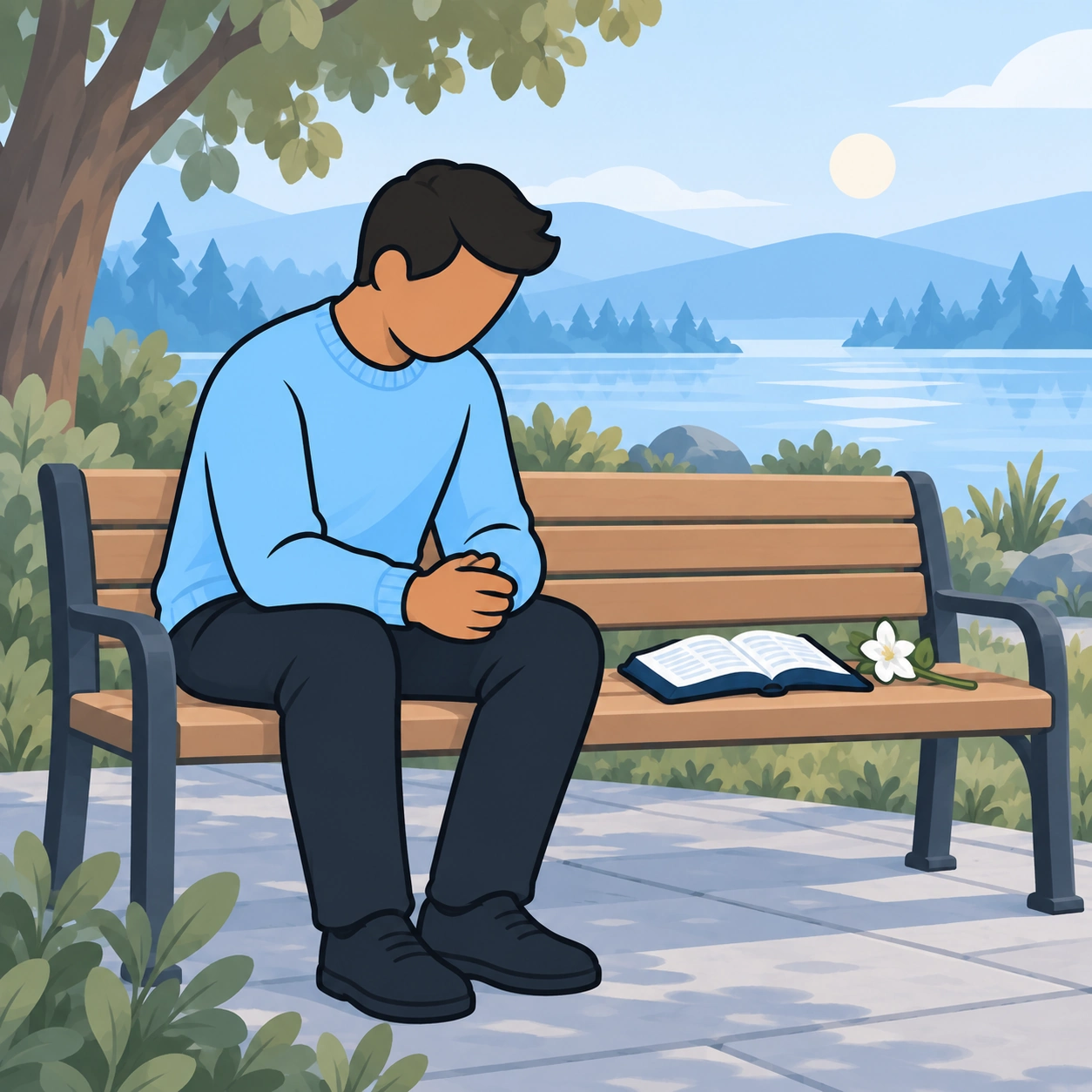 The man prays quietly on a garden bench beside an open Bible and a white flower.