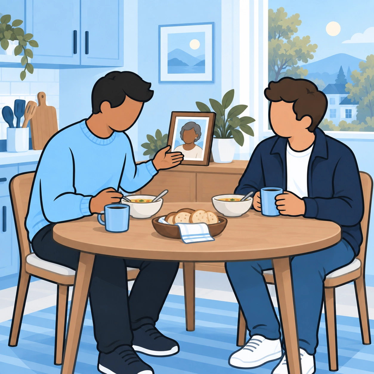 The man shares a meal and a memory with his friend while the photograph rests nearby.