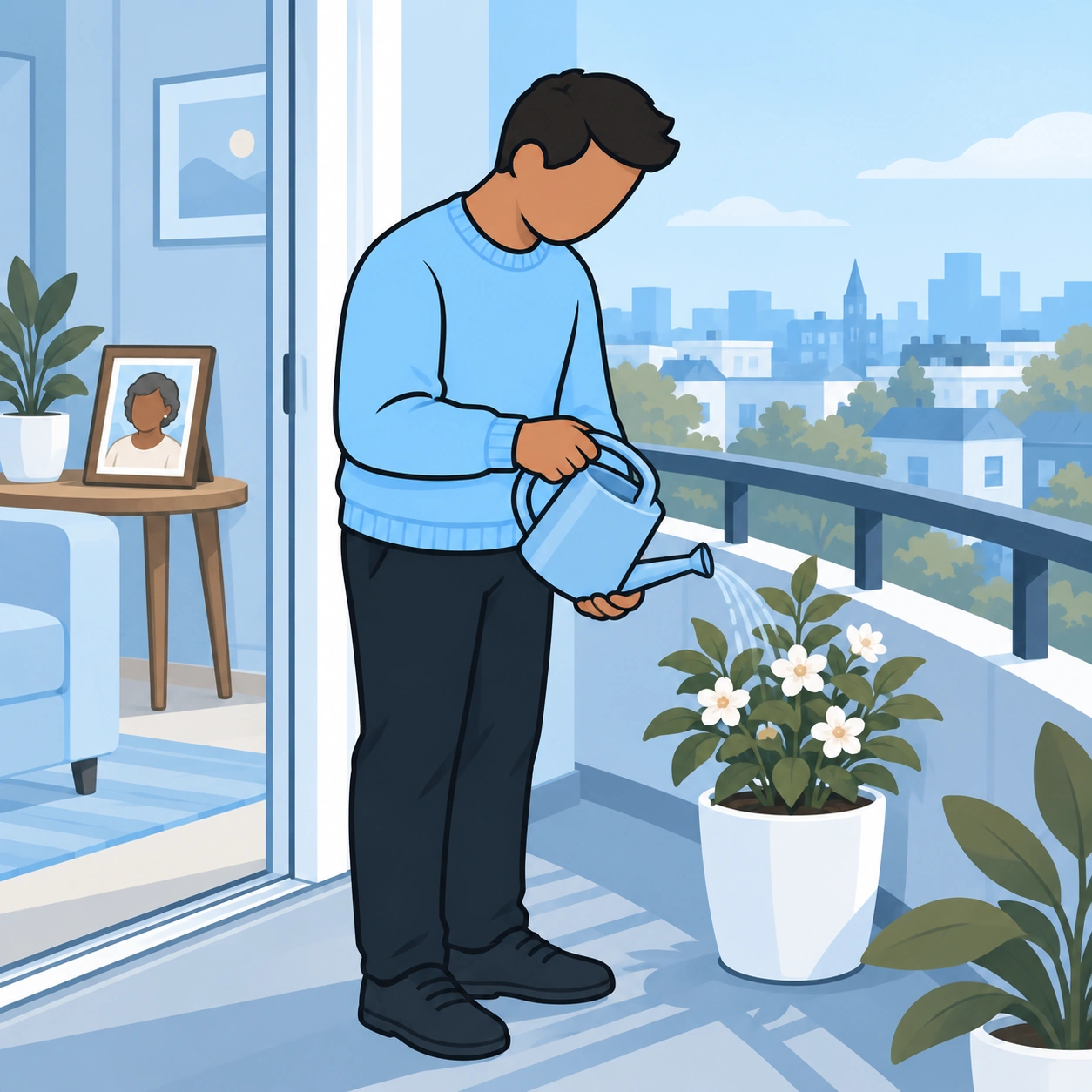 The man tends a balcony plant while the remembered photograph rests inside his home.