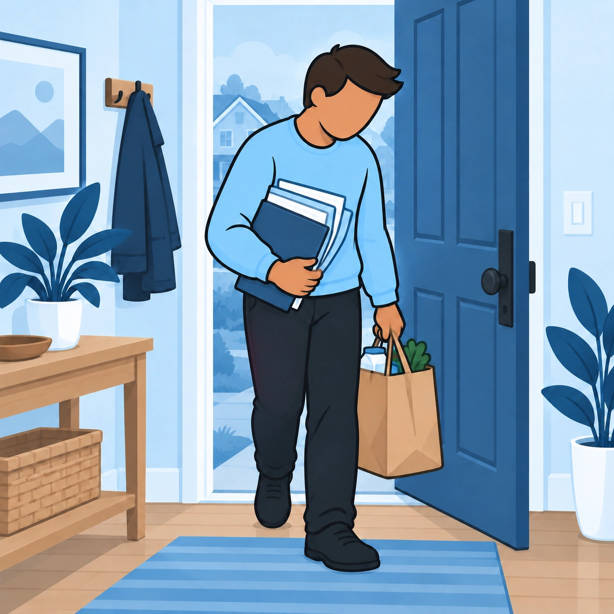 A man arrives home carrying one grocery bag and a stack of folders.