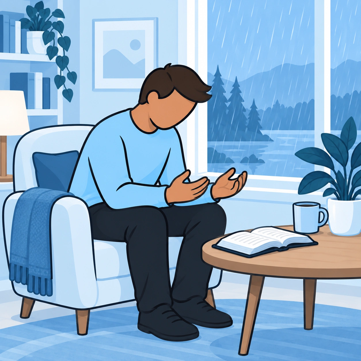 He sits by a window with his hands open in prayer.