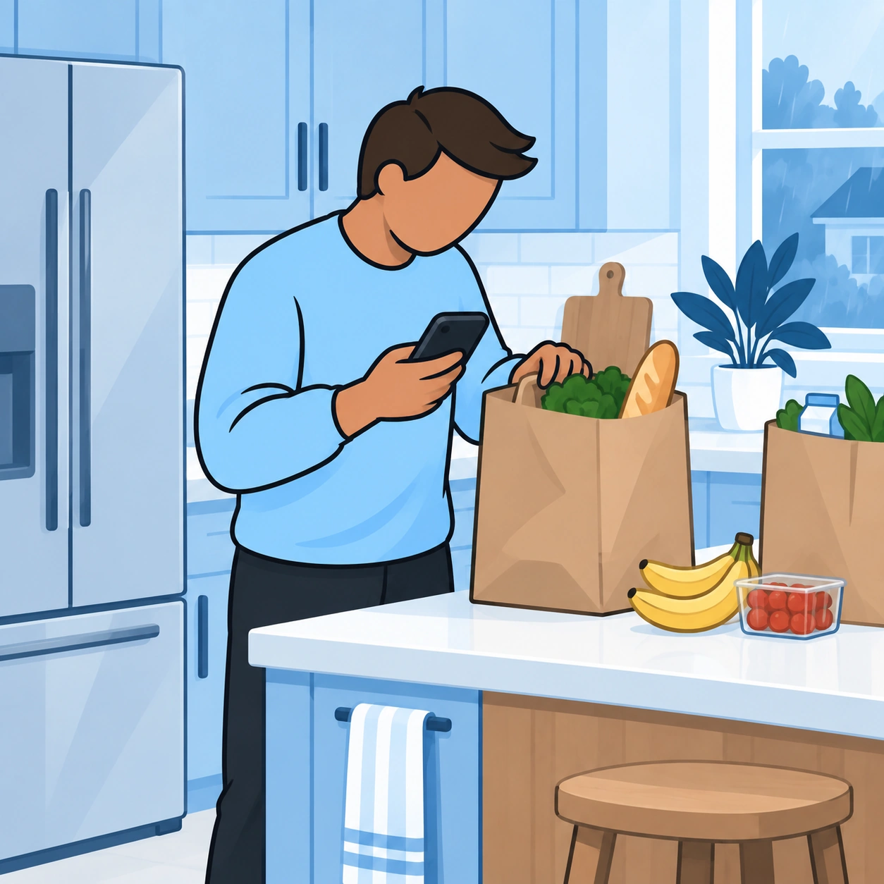 He uses his phone while setting groceries on the counter.