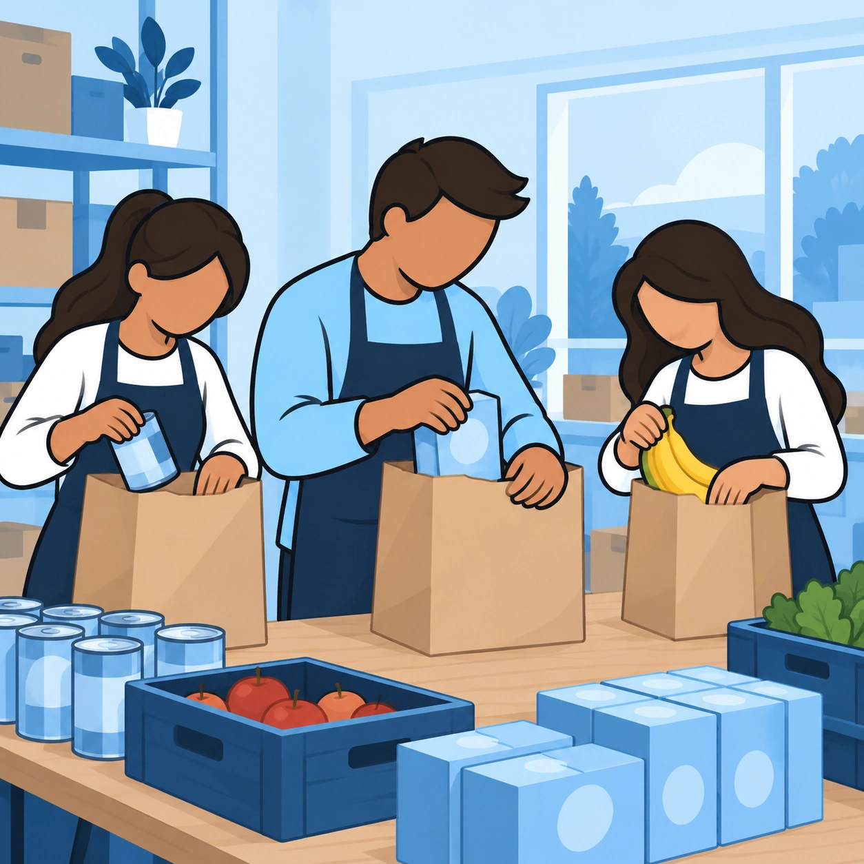 He packs grocery bags alongside two volunteers.