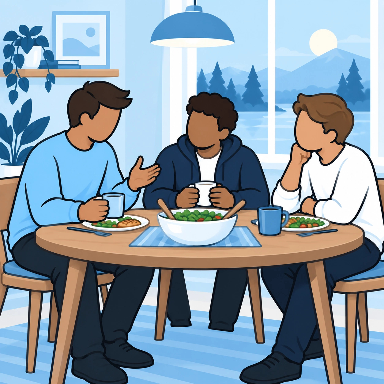 He shares a meal and conversation with two friends.