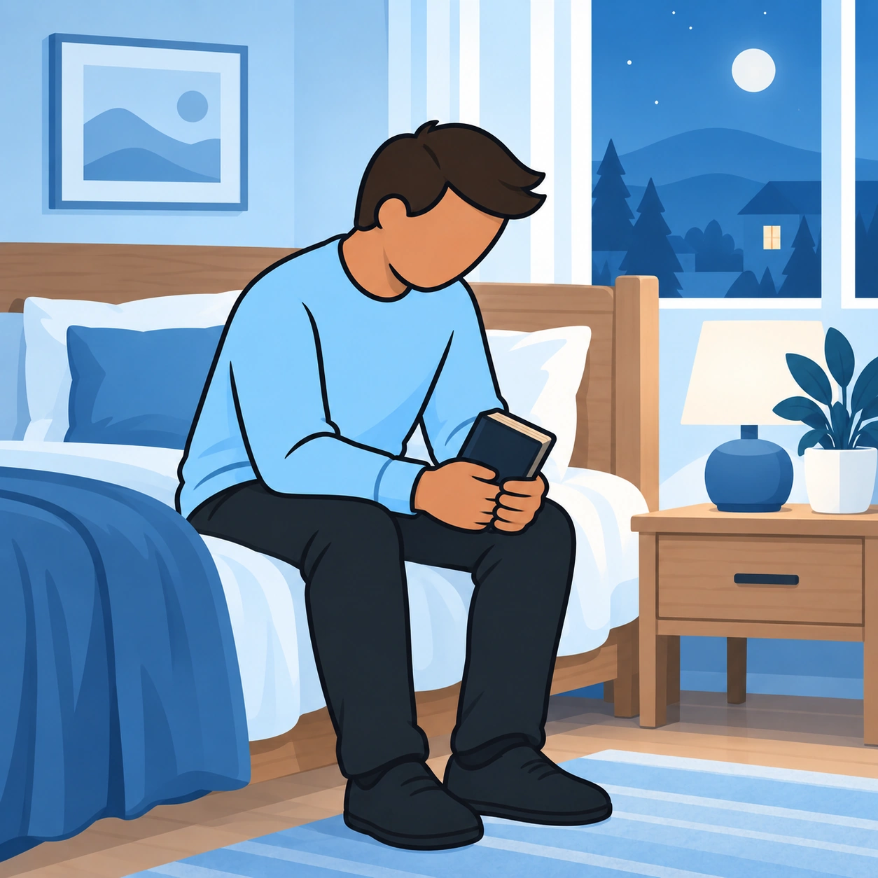 A man sits beside his bed holding a small closed book.
