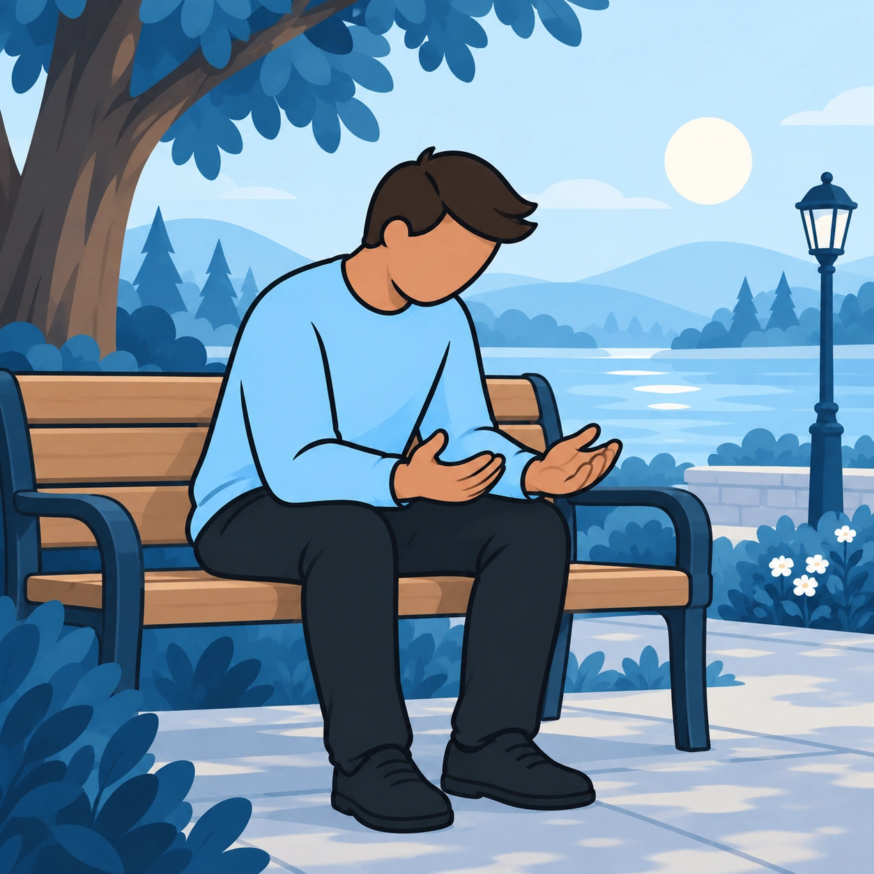 He prays with open hands on a park bench.