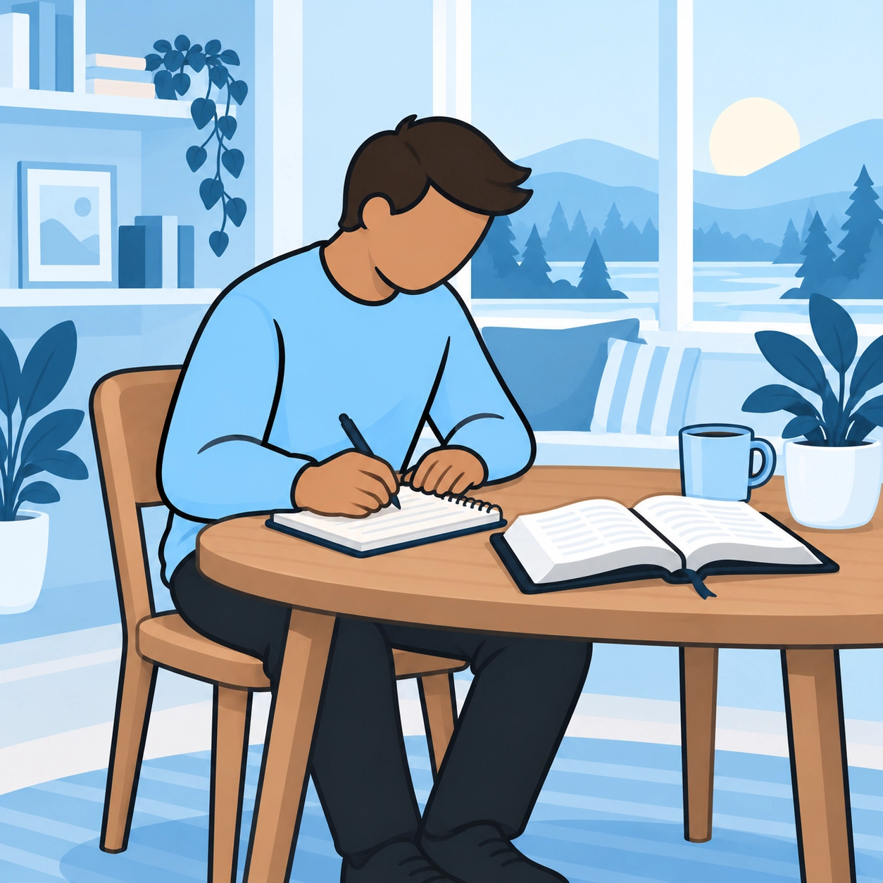 He begins writing in a notebook beside an open Bible.