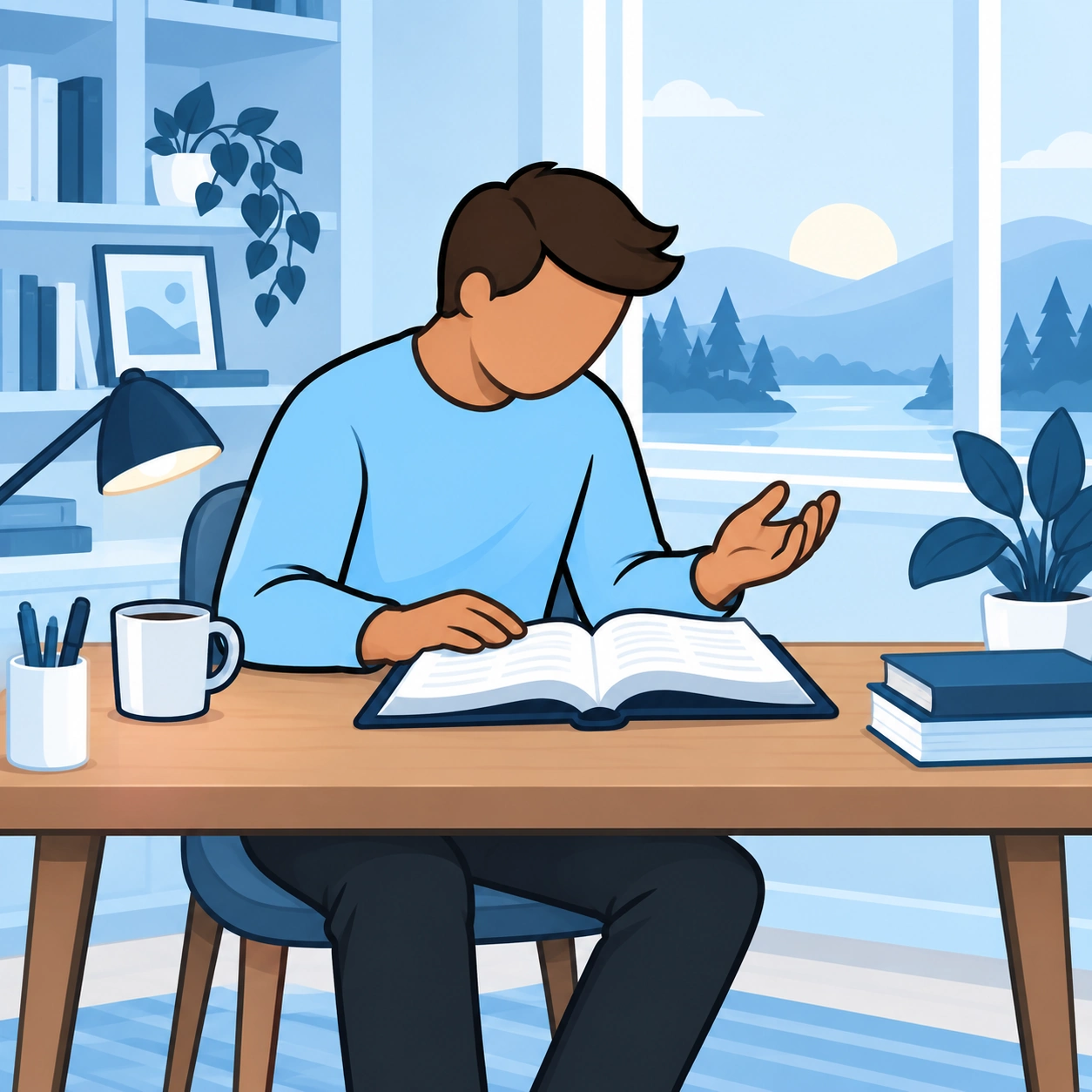 He reads the Bible at a desk with one hand open.