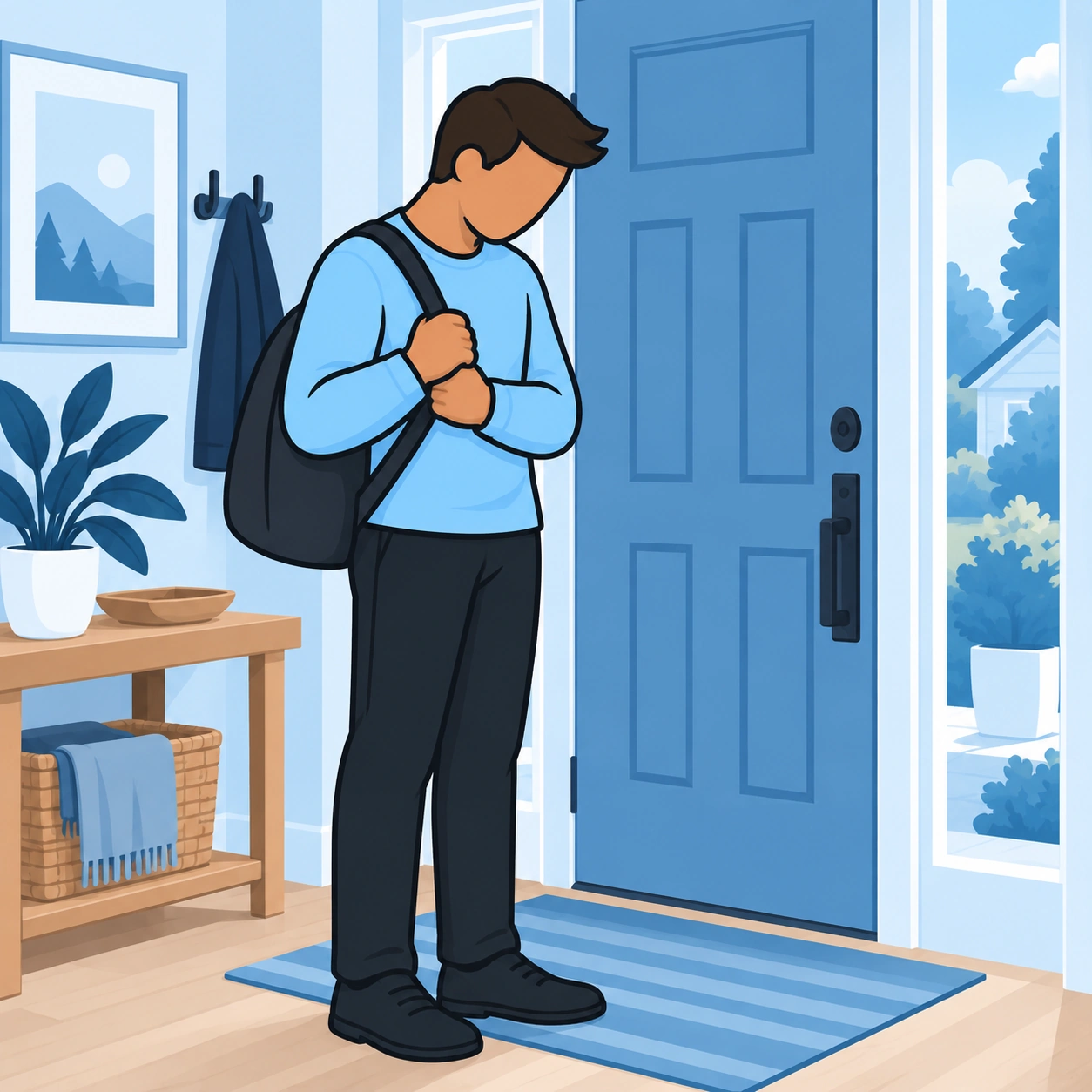 He pauses quietly beside his front door with a bag on his shoulder.