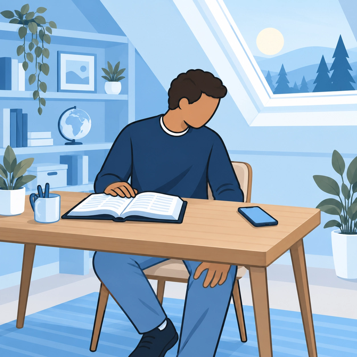 A distracted man sits with an open Bible at an attic desk beside his phone.