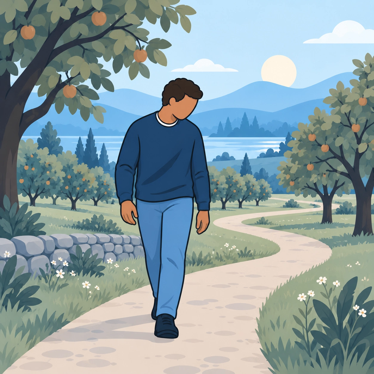The same man prays quietly while walking along an orchard path.