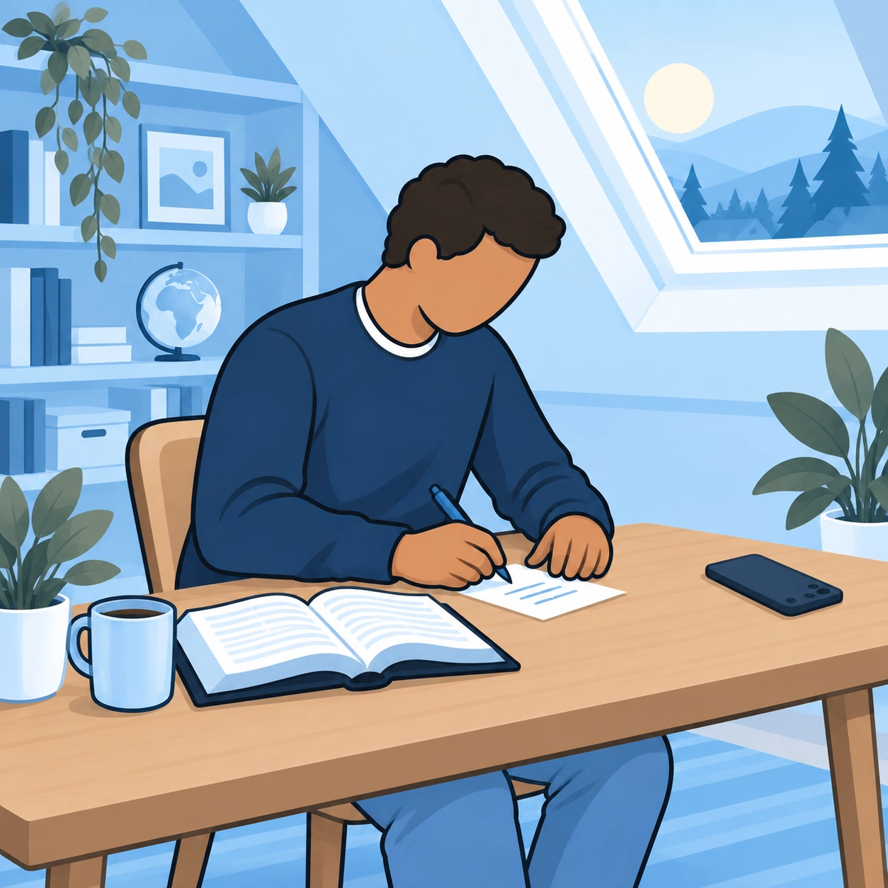 The man writes a reminder beside his Bible and a face-down phone.