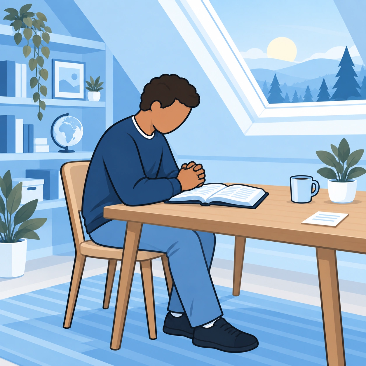 The man returns to prayer over an open Bible beneath an attic skylight.