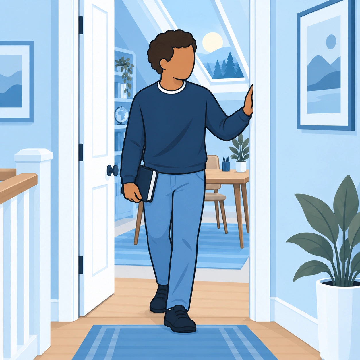 The man carries his Bible out of the attic study into the hallway.
