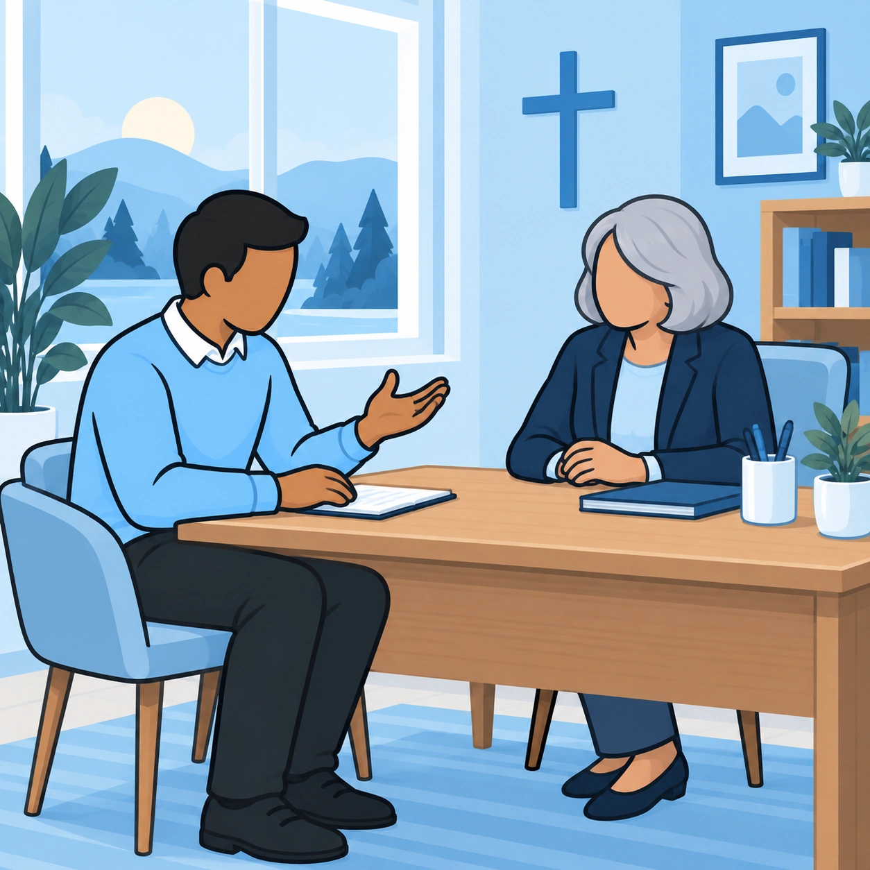 A man explains a specific concern to an older church leader across a desk.